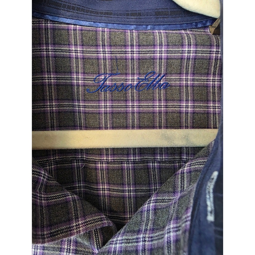 Tasso Elba Mens XL Plaid Button Down‎ Shirt Olive Purple 100% Cotton Long Sleeve